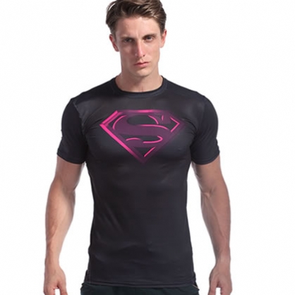 超人紧身短袖T恤（黑底粉标款）