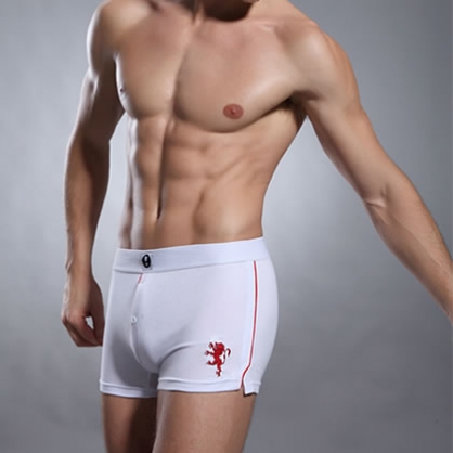 健身运动平角裤、男士刺绣小狮子带口袋时尚低腰平角裤（白色）